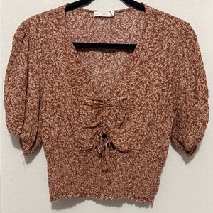 Lush Floral Rust V-Neck Crop Top Blouse with Eyelet